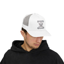 Cotton Snapback Trucker Cap - Hired Guns (gray/red logo)
