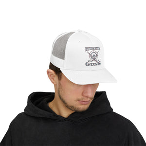 Cotton Snapback Trucker Cap - Hired Guns (gray/red logo)