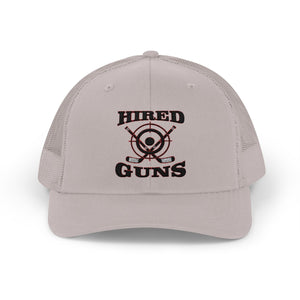 Cotton Snapback Trucker Cap - Hired Guns (black/red logo)