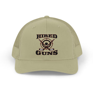 Cotton Snapback Trucker Cap - Hired Guns (black/red logo)