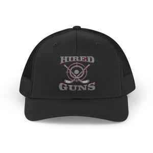 Cotton Snapback Trucker Cap - Hired Guns (gray/red logo)