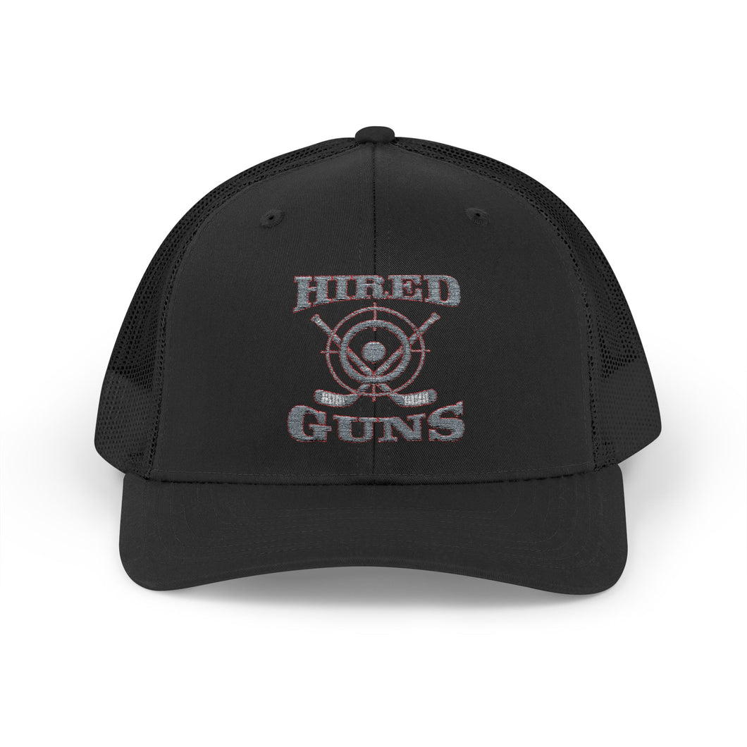 Cotton Snapback Trucker Cap - Hired Guns (gray/red logo)