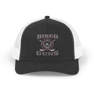 Cotton Snapback Trucker Cap - Hired Guns (gray/red logo)