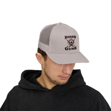 Cotton Snapback Trucker Cap - Hired Guns (black/red logo)