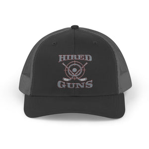Cotton Snapback Trucker Cap - Hired Guns (gray/red logo)