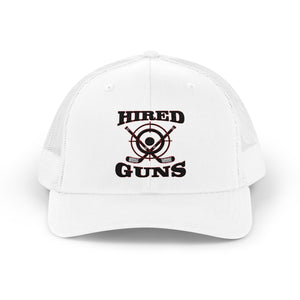 Cotton Snapback Trucker Cap - Hired Guns (black/red logo)
