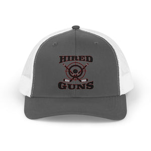 Cotton Snapback Trucker Cap - Hired Guns (black/red logo)