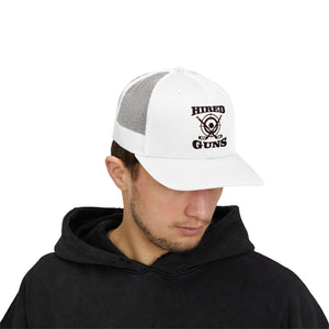 Cotton Snapback Trucker Cap - Hired Guns (black/red logo)
