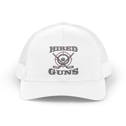 Cotton Snapback Trucker Cap - Hired Guns (gray/red logo)