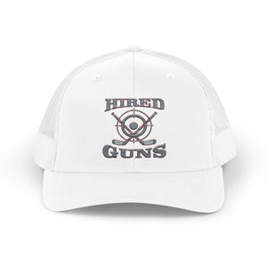 Cotton Snapback Trucker Cap - Hired Guns (gray/red logo)