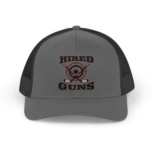 Cotton Snapback Trucker Cap - Hired Guns (black/red logo)