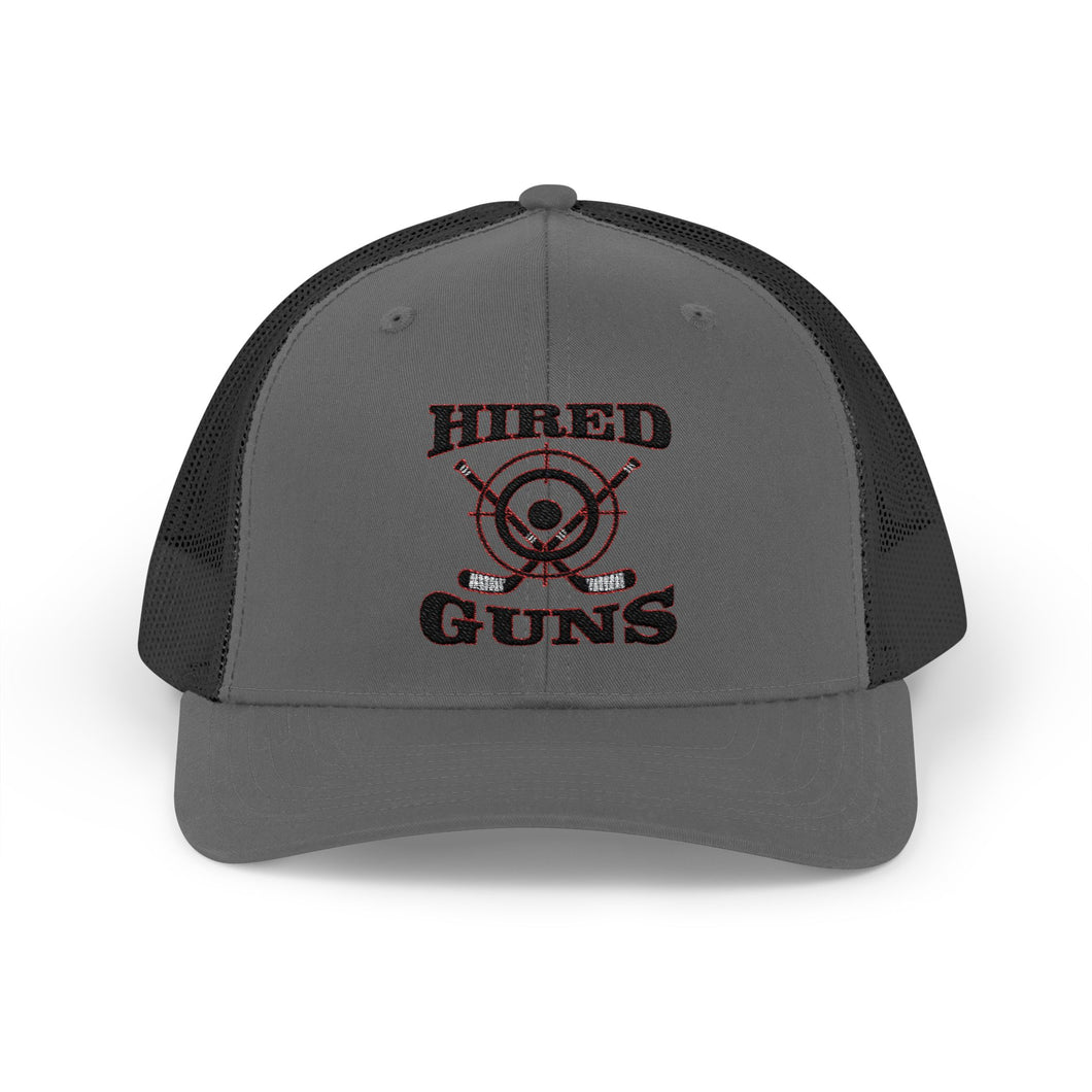 Cotton Snapback Trucker Cap - Hired Guns (black/red logo)