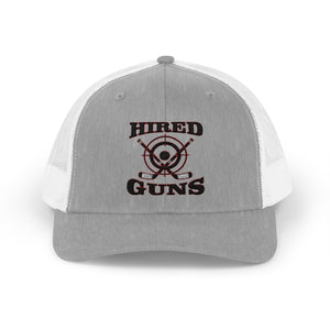 Cotton Snapback Trucker Cap - Hired Guns (black/red logo)
